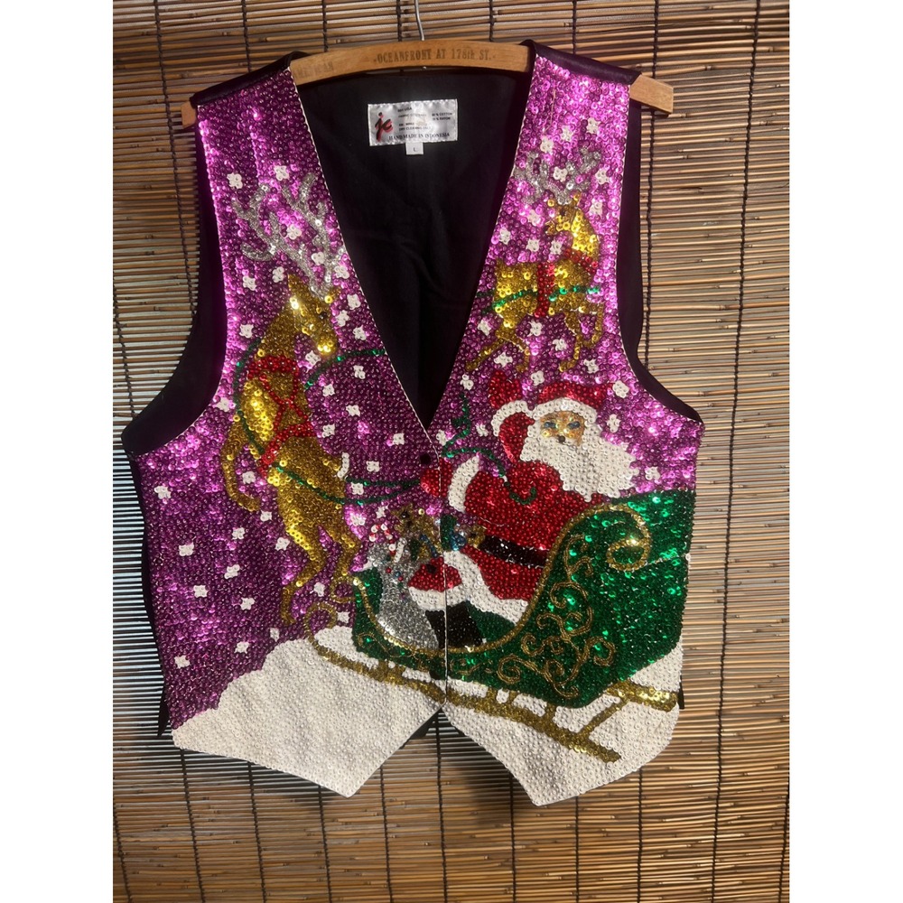 Vintage JC Christmas Sequin Vest Santa Reindeer Purple Festive Holiday Large